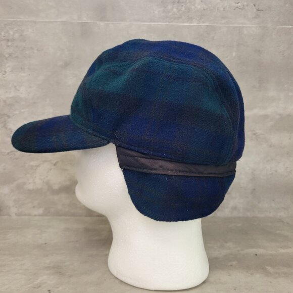 Vintage Pendleton Ear Flap Hunting Hat Mens OS Green Blue Check 5 Panel - Picture 1 of 12